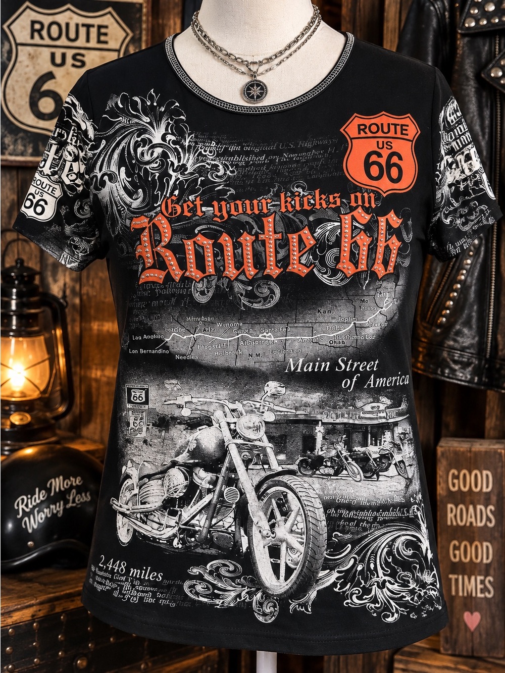 BIG BANG CLOTHING ROUTE 66 RHINESTONE MOTORCYCLE GRAPHIC TEE